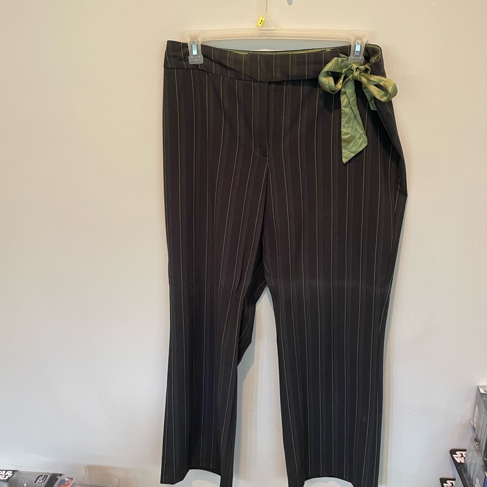 Women's Black Pinstripe Pants with Green Accent